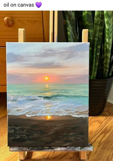 Sunrise On Beach Painting, Beach Paintings On Canvas, Sunset Beach Painting, Sunset Ocean Painting, Beach Acrylic Painting, Oil Painting Beach, Beginners Acrylic Painting, Beach Sunset Painting, Painting On Canvas For Beginners