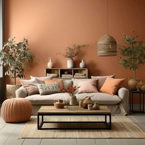 Cozy Homey Living Room, Light Peach Living Room, Living Room Beige Carpet, Terracotta Sitting Room, Terracota Living Rooms, Apricot Living Room, Brown And Orange Living Room Ideas, Light Terracotta Walls, Brown Orange Living Room