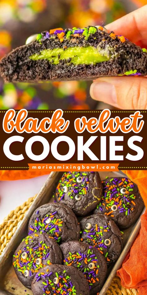 Looking for Halloween party ideas? Here's the perfect Halloween cookie! It's a simple Halloween dessert. With a rich chocolate flavor, sweet cheesecake filling, and colorful sprinkles, this black velvet cookie recipe is a fun Halloween treat to make! Red Velvet Halloween, Spooky Cookies, Candy Corn Recipe, Easy Halloween Cookies, Baking Recipes For Kids, Velvet Cookies, Halloween Sprinkles, Dark Chocolate Cookies, Snack Platter