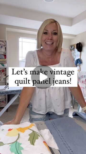 Aurora Draper Milstein on Instagram: "Making the vintage quilt panel jeans as fast as I can!😊 

#quiltsandclogs 
#madeincolorado
#vintagestyle
#bohostyle
#grandmillenial
#coastalcowgirl 
#anthrpologie
#freepeople
#vintagequilt
#vintagequiltcoat 
#coastalcowgirl #etsyfashion
#grannystyle
#upcycle
#slowfashion
#reelsofinstagram
#reelsinsta
#reels
#quiltpatchjeans 
#quiltpaneljeans" Upcycled Quilts Ideas, Upcycle Quilt Ideas, Repurpose Quilts Ideas, Upcycling Jeans Ideas, Jean Upcycle Diy, Closet Repurpose, Old Quilts Repurposed Ideas, Recycle Jeans Clothes, Repurposed Clothing Diy