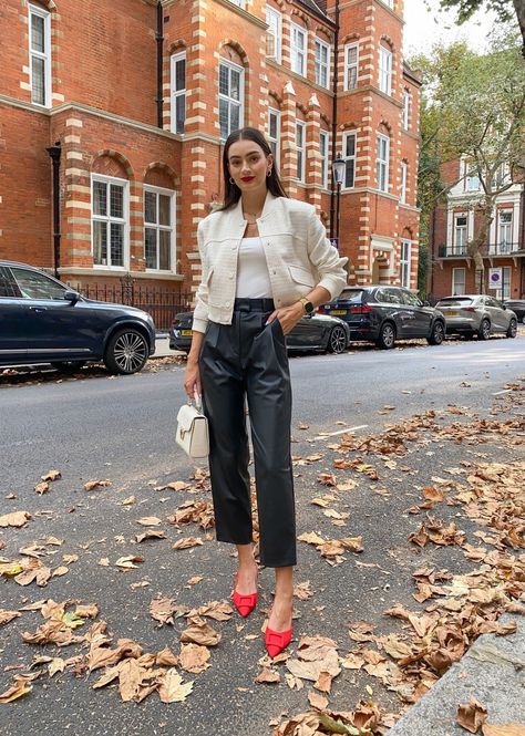 Red Loafers Outfit Women Work, White Outfit Red Shoes, Red Suede Pumps Outfit, Red Ferragamo Shoes Outfit, Red Pump Outfits, Red Bow Shoes Outfit, Outfits With Red Pumps, Outfit Ideas Red Shoes, Black Outfit Red Heels