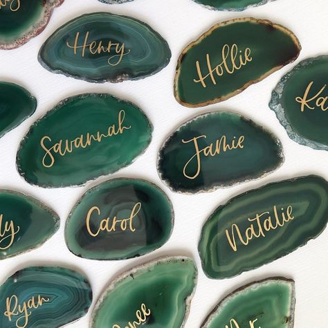 Stone Place Cards, Crystal Names, Gem Names, Modern Lettering, Wedding Vision, My Favorite Color, Agate Slice, Green Agate, Wedding Place Cards