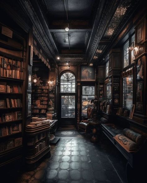 Fantasy Office Aesthetic, Gothic Bookstore Aesthetic, Gothic Bookstore, Dark Acedamia House, Gothic Library Aesthetic, Dark Home Library, Dark Library Room, Library Room Aesthetic, Dark Library Aesthetic