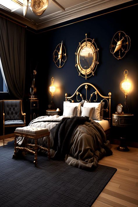 Luxurious navy blue bedroom with gold ornate bed frame, nautical mirrors, and plush bedding, showcasing Dark Cozy Bedroom Ideas for a Romantic Ambiance. Moody Nautical Bedroom, Dark Nautical Bedroom, Dark Nautical Decor, Nautical Bedroom Master, Romantic Goth Bedroom, Ship Bedroom, Brown Bedroom Walls, Dark Nautical Aesthetic, Dark Cozy Bedroom Ideas