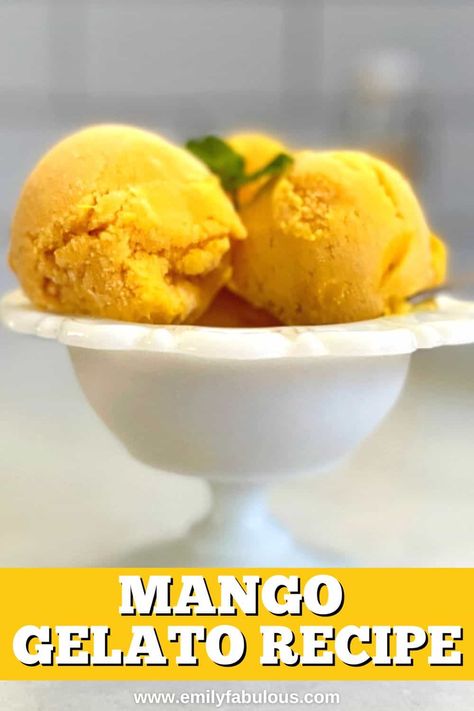 Mango Gelato - Recipe - Ice Cream - EmilyFabulous Mango Gelato Recipe, Mango Italian Ice Recipe, Ninja Creamini, Italian Gelato Recipe, Mango Gelato, Italian Ice Recipe, Recipe Ice Cream, Frozen Deserts, Ice Recipe