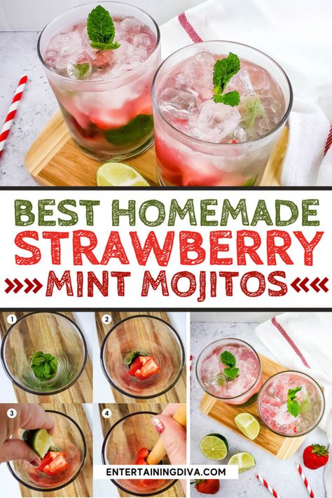 Strawberry Mint Mojito Recipe, Strawberry Mint Mojito, Mint Mojito Recipe, Strawberry Mojito Recipe, Parties Food, Mint Drink, Mint Cocktails, Strawberry Vodka, Jello Shot