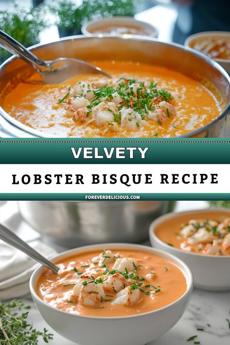 I’m absolutely in love with this velvety lobster bisque recipe! Creamy, rich, and bursting with flavor, it’s the perfect dish for a special occasion or to indulge yourself on a cozy night in. I topped it with succulent chunks of lobster and fresh chives, making it not just delicious but visually stunning as well. You have to try this recipe for an unforgettable dining experience! Creamy Lobster Bisque, Lobster Soup, Lobster Bisque Recipe, Lobster Bisque Soup, Lobster Recipe, Frozen Lobster, Fresh Lobster, Bisque Recipe, Lobster Bisque