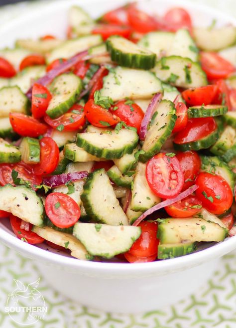 Tomato Cucumber Salad - A Southern Soul Cucumber And Tomato Salad, Cucumber Tomato Avocado Salad, Yum Salad, Great Salad Recipes, Cucumber And Tomato, Tomato Salad Recipe, Healthy Dressing, Tomato Cucumber Salad, Cucumber Salad Recipe