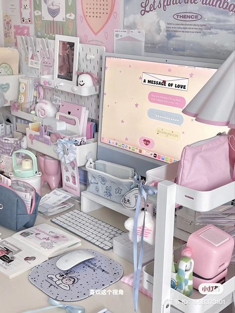 Pink And Blue Setup, Sanrio Bedrooms, Purple Desk, Kawaii Room Ideas, Study Table Designs, Room Organisation, Dream Desk, Blue Desk, Aesthetic Desk