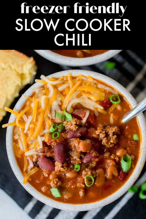 Slow Cooker Beef Chili is a classic chili recipe with one special ingredient that makes it THE BEST chili recipe I’ve ever made! This chili recipe can be made right away in the slow cooker, or it can be made into a freezer meal for an easy weeknight dinner any time! Crockpot Chili With Vegetables, Beef And Veggie Chili, Chili Freezer Meal, Vegetable Chili Recipe, Beef Chili Crockpot, Easy Beef Chili Recipe, Slow Cooker Chili Beef, Classic Chili Recipe, Crock Pot Vegetables