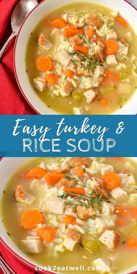 Two images of the turkey and rice soup served in a white bowl with a red rim. Turkey Soup Crockpot, Turkey And Rice Soup, Easy Turkey Soup, Crockpot Rice Recipes, Turkey Casserole Recipes Leftover, Homemade Turkey Soup, Turkey Rice Soup, Turkey And Rice, Turkey Casserole Recipe