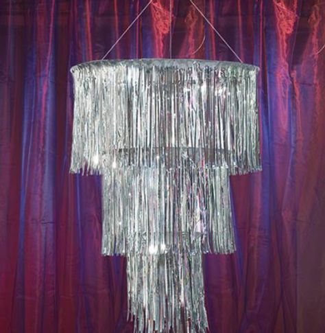 Crafts To Get Excited About: Tinsel Edition Chandelier Silver, Studio 54 Party, Euphoria Party, Beaded Lampshade, Disco Birthday Party, Disco Birthday, Disco Party Decorations, Tiered Chandelier, Tier Chandelier