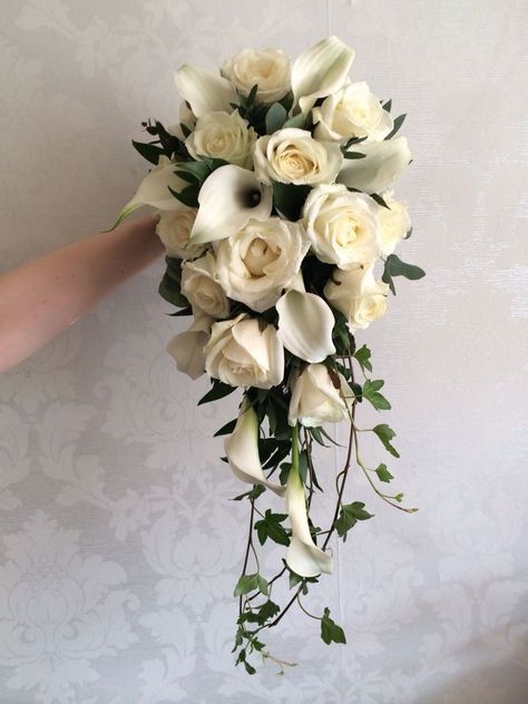 This may be my favorite, and you could trade out the white calla lillies for marsala red ones! Wedding Fragrance, White Calla Lily Bouquet, Calla Lily Bridal Bouquet, Lily Bridal Bouquet, Teardrop Bouquet, Calla Lily Bouquet Wedding, Calla Lily Bridal, Calla Lily Wedding, Cascading Bridal Bouquets