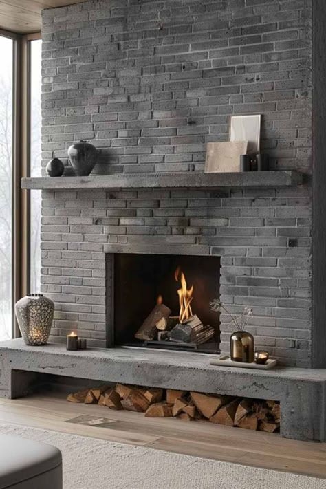 40 Beautiful Gray Brick Fireplace Ideas for a Modern Makeover Tile Over Brick Fireplace, Gray Brick Fireplace, Fireplace Makeover Brick, Fireplaces Makeover Modern, Brick Fireplace Remodel, Brick Fireplace Ideas, Black Brick Fireplace, Grey Fireplace, Gray Brick