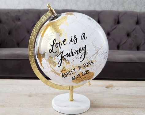 Custom Calligraphy Globe / White and Gold Calligraphy Globe / Rose Gold or Other Ink Color / You Choose Custom Wording - Etsy South Africa Guest Book Globe, Globe Guest Book, Custom Globe, Hand Painted Globe, Painted Globe, Couples Bridal Shower, Adventure Theme, Cancun Wedding, Gold Calligraphy