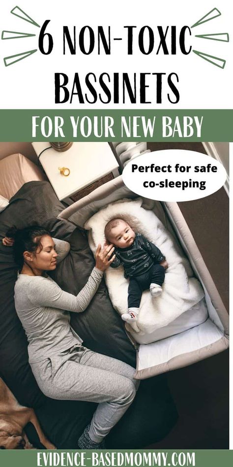 Pin that reads 6 non-toxic bassinets for your new baby: Perfect for safe co-sleeping. There is a picture of a mother holding her baby's hand as she sleeps beside the co sleeper bassinet. Bed Bassinet Co Sleeper, Co Sleep Bassinet, Co Sleeping Bassinet, Best Bedside Bassinet, Cosleeping With Newborn, Bedside Bassinet Set Up, Co Sleeping Bedroom, Cosleeping Bassinet, Bassinet In Parents Room