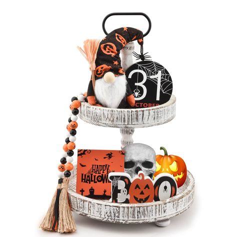 PRICES MAY VARY. 🎃Exclusive Fancy Halloween Tiered Tray Decor Set: Halloween tray set includes 3 super thick Halloween wooden signs, cute gnomes plush and 36 inch bead garland (42 beads in total). 🎃Self-Standing Design: Halloween wooden signs are 0.6in thick enough to stand on tiered tray or stand on the table smoothly without relying on extra stand, Gnome comes with heavy sandy bottoms for easy sitting. 🎃Quality Wood and Delicate Craftsmanship: All wooden tiered tray decor Items have the rus Glow Halloween, Classroom Decor High School, Halloween Decorations For Kids, Cute Gnomes, Rustic Tray, Pumpkin Carriage, Pumpkin Sign, Inspirational Quotes Wall Art, Bead Garland