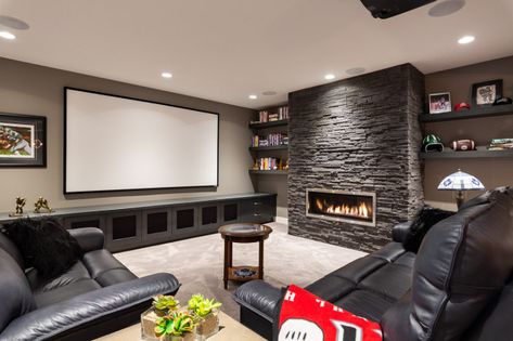 Sports Themed Man Cave - Contemporary - Basement - Calgary - by Dependable Renovations Ltd | Houzz Contemporary Basement, Basement Games, Basement Apartment, Game Room Basement, Diy Basement, Entertainment Wall, Basement Makeover, House Design Photos, Basement Design