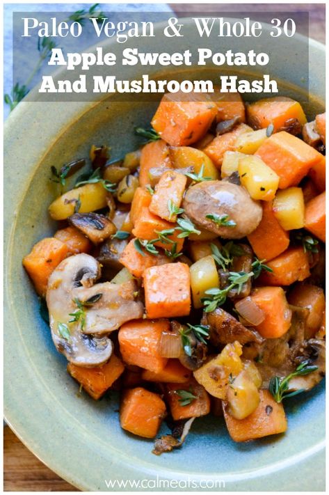 Apple Sweet Potato and Mushroom Hash Sweet Potato Mushroom Recipe, Sweet Potato And Mushroom, Potato Mushroom Recipe, Paleo Brunch Recipes, Potato And Mushroom, Apple Sweet Potato, Potatoes Mushrooms, Sweet Potato Breakfast Hash, Whole30 Breakfast