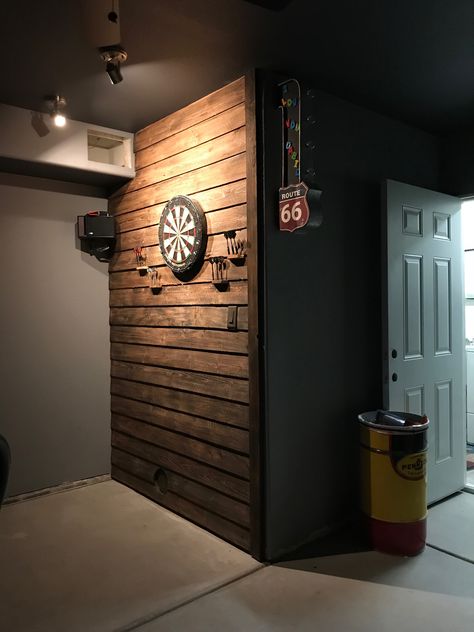 Our dart board wall! Sooooo coool! Exposed Basement Ceiling, Small Basement Bedroom, Dart Board Wall, Industrial Basement, Dart Boards, Game Room Basement, Man Cave Basement, Small Basements, Man Cave Home Bar