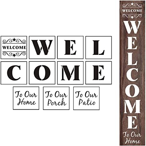 Front Door Decorations, Welcome Stencil, Welcome Wood Sign, Stencil Wood, Patio Signs, Stencils For Painting, Porch Welcome Sign, Large Stencils, Entrance Sign