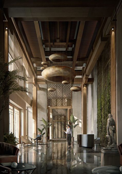 Luxury Hotel Lobby Lounge, Hotel Lobby Interior Design, Jungle Hotel, Lobby Designs, Hotel Signage, Luxury Hotels Lobby, Elevator Lobby, Hotel Lobby Design, Lobby Interior Design