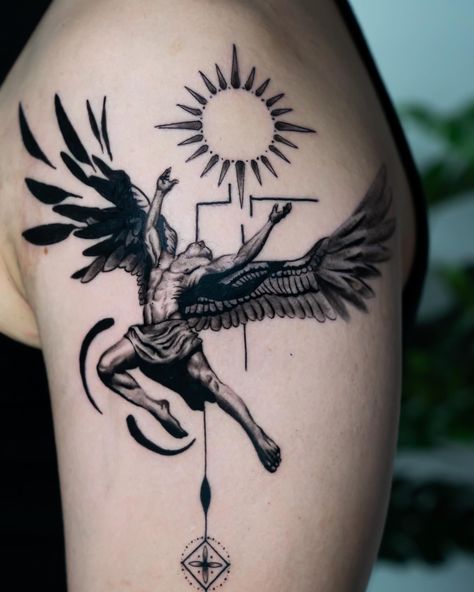 Ikarus Angel Back Tattoo, Fallen Angel Tattoo, Circular Tattoo, A Fallen Angel, Angel Tattoos, 100 Tattoo, White Ink Tattoo, Stomach Tattoos, Detailed Tattoo