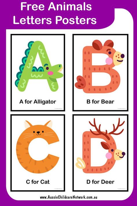 The Animal Letters Posters are great for children to recognise animals that match with each letter of the alphabet Animal Alphabet Crafts Free Printables, Letter Posters Preschool, Alphabet With Animals Free Printable, Letter Charts For Preschool, Alphabet Display Preschool, Alphabet Animal Letters Free Printable, Animal Abc Free Printable, Abc Animal Letters, Alphabet Animal Crafts