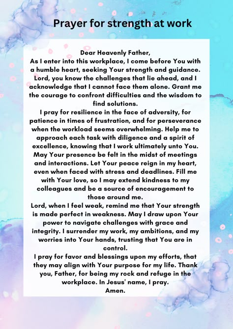 "Discover a powerful Christian prayer for strength at work. In the hustle of the workplace, seek divine guidance, resilience, and patience. Let this prayer be your source of inspiration as you face challenges with grace. 🙏✨ #ChristianPrayer #WorkplaceStrength #DivineGuidance" #ChristianPrayer #WorkplaceStrength #PrayerForGuidance #FaithAtWork #ResiliencePrayer #CourageousLiving #DivineIntervention #SpiritualEmpowerment #WorkplaceInspiration #ChristianLife #FaithJourney #EncouragementPrayer Prayers For Leadership, Prayers For Toxic Workplace, Prayers For Work Challenges, Prayers For Workplace, Prayer For Work Success, Workplace Prayer, Prayer For The Week, Employment Prayer, Prayer Before Work