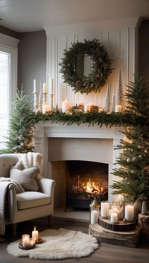 Christmas Decor Ideas For Fireplace Cozy, Mirror In Fireplace With Candles, Candles By Fireplace, Christmas Mantel Decor With Candles, Elegant Winter Decor, Candles On Mantel Ideas, Christmas Hearth Decor Mantle Ideas, Rustic Christmas Fireplace Decor, Christmas Home Interior