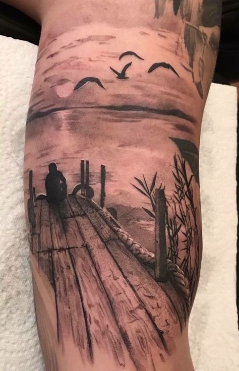 Fishing Half Sleeve Tattoo, Lake Dock Tattoo Ideas, Fishing Tattoo For Men Forearm, Lake Tattoo Sleeve, Dock Tattoos, Father Daughter Fishing Tattoos, Dock Tattoo, Pier Tattoo, Lake Tattoo Ideas