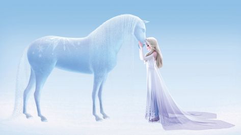 New image of Elsa in white dress shows details of frozen version of the water spirit - horse Nokk Elsa Images, Disney Horses, Frozen Wallpaper, Frozen Pictures, Disney Frozen Elsa Art, Frozen Characters, Disney Princess Elsa, Frozen Disney Movie, Disney Princess Frozen