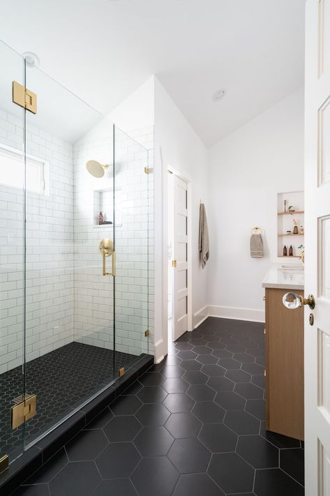 Once originally two tiny bathrooms, our team combined these bathrooms to make a true primary ensuite bath! One of our most modern baths to date, the nod to traditional shapes and finishes help blend this space with the rest of this beautiful home. Designed and built by Craftsman Design and Renovation in Portland, Oregon. Primary Bathroom Remodel, Primary Ensuite, Craftsman Design, Primary Bath, Primary Bathroom, Double Shower, Water Closet, Ensuite Bathroom, Tiny Bathrooms