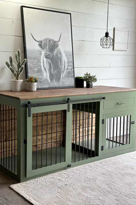 Dog Crate Furniture Bedroom, Small Pet Room Ideas, Dog Crate In Living Room Ideas, Diy Large Dog Crate Furniture, Pretty Dog Crate Ideas, Built Dog Crate, Bedroom Dog Crate, Creative Dog Crate Ideas, Built In Dog Crate Bedroom