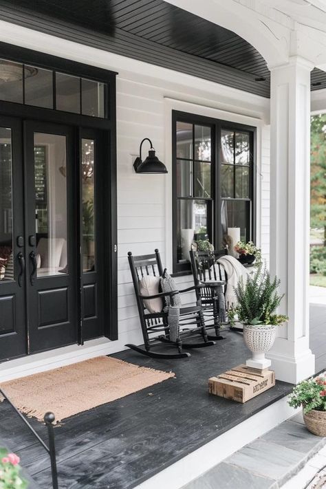 Elegant Black and White Porch Ideas | Upgrade Now White Porch Ideas, Black And White Porch Ideas, Black And White Porch, Front Porch Inspiration, Summer Front Porch Decor, Porch Interior, White Porch, Summer Porch Decor, Porch Styles