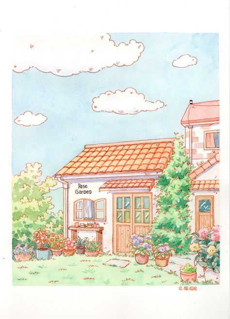 Watercolor Architecture Simple, Vietnam Drawing, Watercolor House Painting, Dreamy Artwork, Watercolor Architecture, Comic Style Art, Architecture Drawing Art, Book Illustration Art, House Illustration