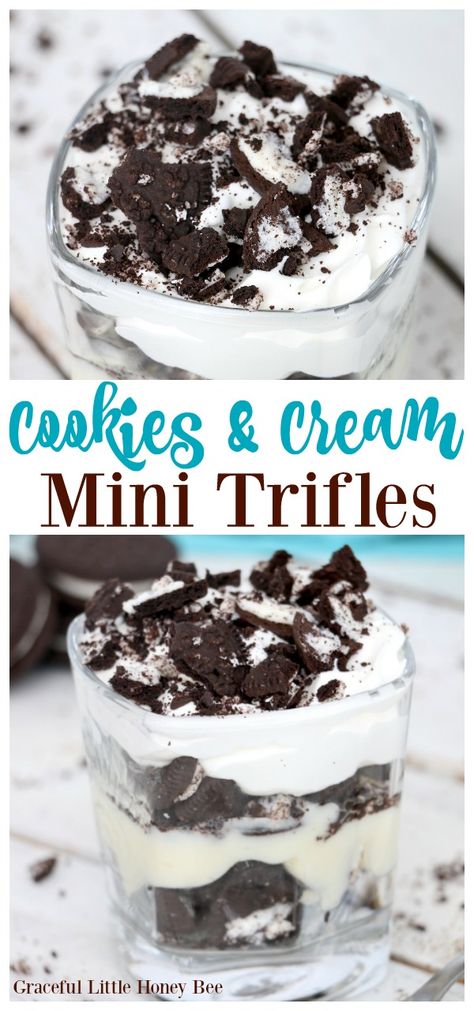 Try these super quick and easy Cookies and Cream Mini Trifles for a fun weeknight dinner or a simple dinner party dessert that everyone will love! Dessert Trifles, Mini Trifle Desserts, Quick And Easy Cookies, Mini Trifles, Cup Desserts, Simple Dinner Party, Mini Trifle, Trifle Recipes, Cookie Deserts