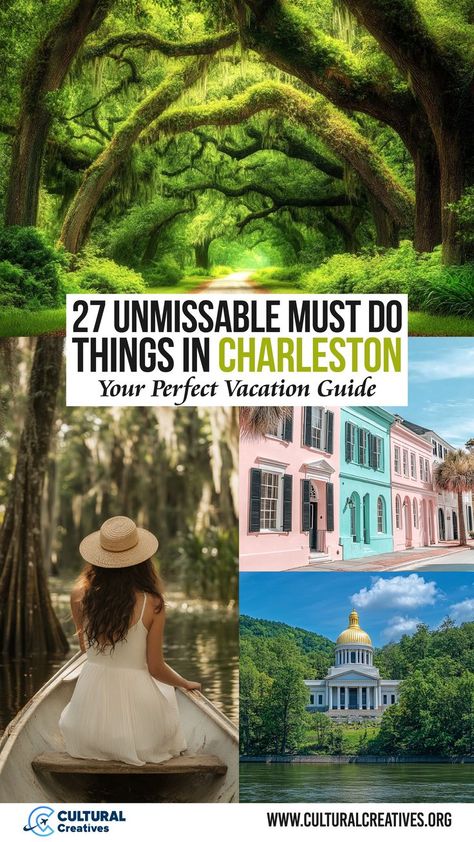 Discover 27 unmissable must-do things in Charleston, featuring scenic oak-lined pathways, colorful historic streets, peaceful waterways, and iconic architecture for a memorable vacation. Southern Vacation Spots, Charleston South Carolina Vacation, Charleston Sc Things To Do, South Carolina Vacation, Charleston Travel, Southern Cities, Winter Vacation, Charleston South Carolina, Free Things To Do