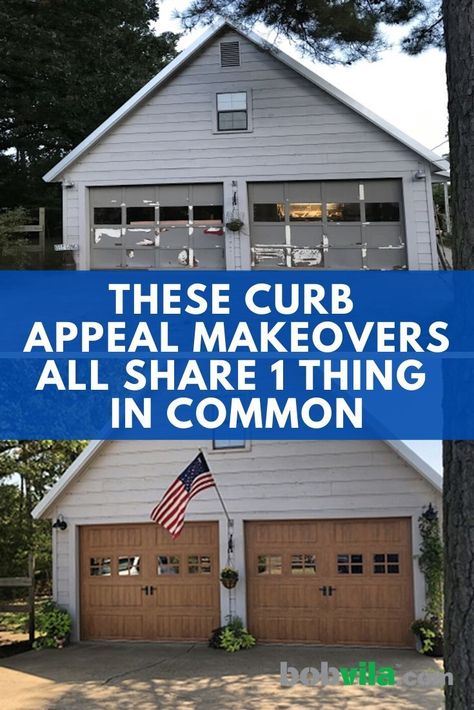 Click through these inspiring curb appeal before and afters, and learn how a garage door makeover can make a real difference to your house's value and exterior appearance. | Learn how you These Curb Appeal Makeovers All Share 1 Thing in Common #ad Garage Door Before And After, Garage Skins Before And After, Garage Door Makeover Before And After, Vintage Campers For Sale, Aluminium Garage Doors, Garage Update, Garden Pergola, Garage Exterior, Garage Renovation