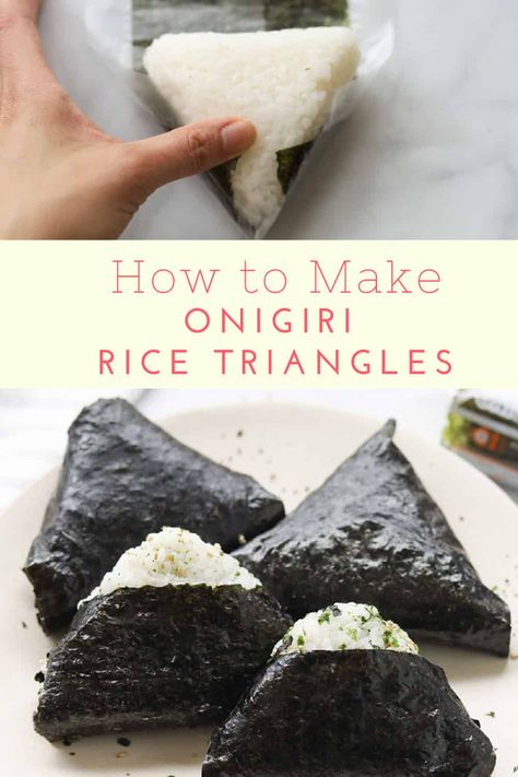 Easy and delicious triangle shaped rice wrapped with nori seaweed - a perfectly portable on-the-go snack! Learn how to wrap these Japanese onigiri by hand with nori sheets or individually packaged onigiri sheet wrappers to keep the seaweed fresh and crispy. Get the recipe on www.apeachyplate.com Rice Triangles, Rice And Seaweed, Japanese Onigiri, Koreansk Mad, Nori Sheets, Onigiri Recipe, Seaweed Wrap, Onigiri Rice, Rice Wraps