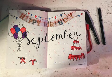 Bullet journal spread for birthday month! September bullet journal spread. September cover page. #bulletjournal #birthdaybujo #bujo #birthdaydoodle Birthday Month Journal Cover, Birthday Month Bullet Journal, Aesthetic Headings, September Cover Page, Birthday Bullet Journal, September Bullet Journal, Bullet Journal September, Journal Creative, Bulletin Journal