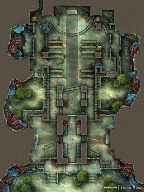 Infested Underwater Temple Ruins 40x30 Battlemap & Adventure | Seafoot Games on Patreon Underwater Temple, Ruined Temple, Temple Ideas, Underwater Ruins, Dnd World, Building Map, Dnd World Map, Temple Ruins, Fantasy Town