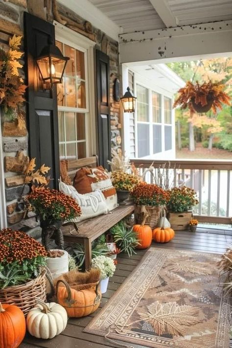 Best Patio Furniture, Bloxburg Exterior, Fall Container Gardens, Porch Decorations, Cozy Fall Decor, Fall Front Porch Decor, Fall Decor Ideas, Fall Bedroom, Fall Thanksgiving Decor