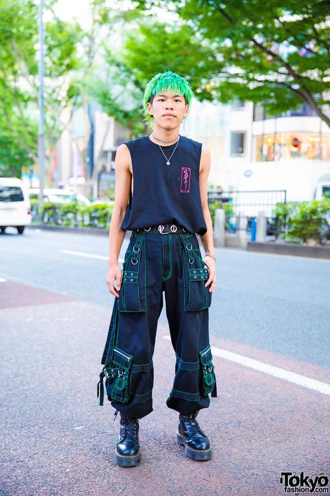 Harajuku Guy w/ Green Hair, M.Y.O.B. Sleeveless Tee, Tripp NYC Pants & Dr. Martens Boots Tripp Nyc Pants Outfit, Sleeveless Tee Outfit, Tripp Pants Outfit, Tripp Nyc Outfit, Street Punk Fashion, Punk Street Fashion, Enby Outfits, Harajuku Pants, Tripp Nyc Pants