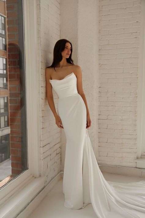 Sleek Timeless Wedding Dress, Strapless Draped Wedding Dress, Silk Silhouette Wedding Dress, Simple And Sleek Wedding Dress, Satin Wedding Dresses Fitted, Simple Sleek Wedding Dress Classy, Plain Modern Wedding Dress, Plain Ivory Wedding Dress, Simple Affordable Wedding Dress