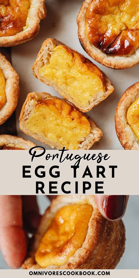 How to make Portuguese Egg Tarts. A Portuguese Egg Tart has a crunchy layered crust with a creamy custard filling. Serve for a brunch, snack, hostess gift and more! They are pretty, so tasty and vegetarian. Easy Portuguese Dessert Recipes, Egg Tarts Recipe, Hong Kong Egg Tart Recipe, Portuguese Egg Tart Recipe, Egg Tart Recipe Hong Kong, Egg Custard Tart Recipe, Portuguese Pastry, Egg Pie Recipe, Egg Tart Recipe