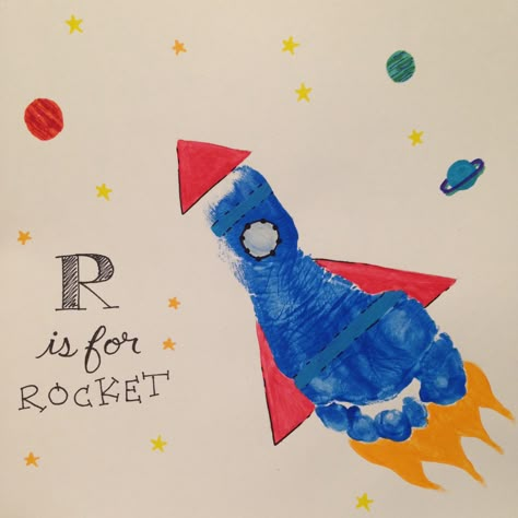 Rocket Art Preschool, R Is For Rocket Craft, Rocket Footprint Craft, Alphabet Footprints, Footprint Rocket, R Is For Rocket, Baby Footprint Crafts, Spring Toddler Crafts, Space Crafts For Kids