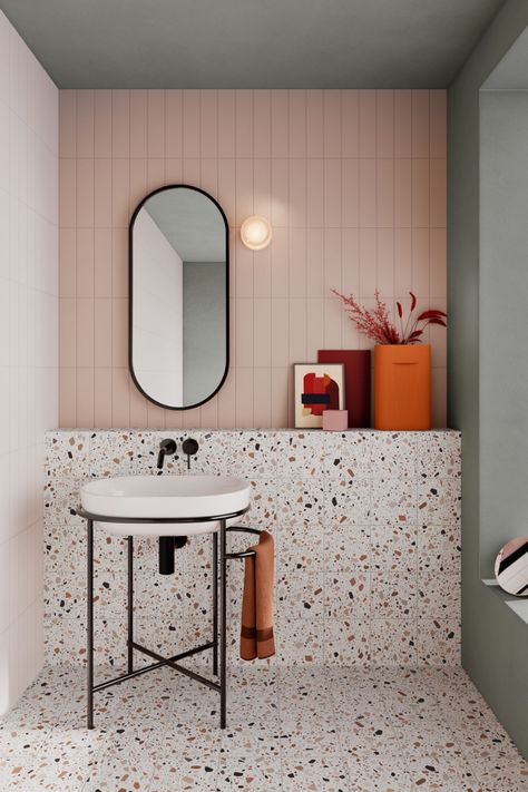 Terrazzo Tile in Bathroom Setting Bathroom Terrazzo, Terrazzo Bathroom, Dekorere Bad, Ideas Baños, Terrazzo Flooring, Toilet Design, Downstairs Bathroom, Bathroom Inspiration Decor, Hus Inspiration