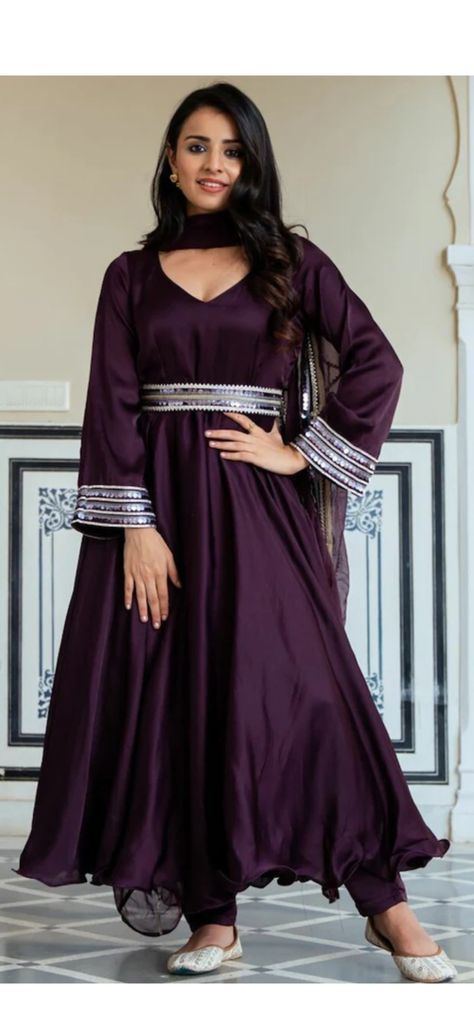 Satin Anarkali Dress, Satin Anarkali, Plain Anarkali, Georgette Anarkali Suits, Anarkali With Dupatta, Silk Anarkali Suits, Wine Colored Dresses, Wine Colour, Silk Anarkali