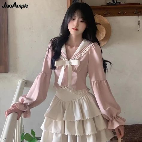 23.63US $ 50% OFF|Spring Summer Women Sweet Pink Bowknot Shirts Mini Ball Gown Two Piece Set Sailor Collar Short Blouse Skirt Outfits Crop Tops| |   - AliExpress Skirt Outfits Crop Tops, Mini Ball Gown, Short Blouse, Short Blouses, Blouse Skirt, Sailor Collar, College Fashion, Two Piece Set, Skirt Outfits